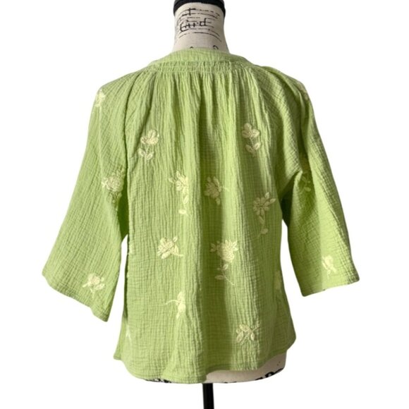 Wrap London Top Gauze Cotton Green Embroidered Button-Up Womens Size 8 - Picture 3 of 8